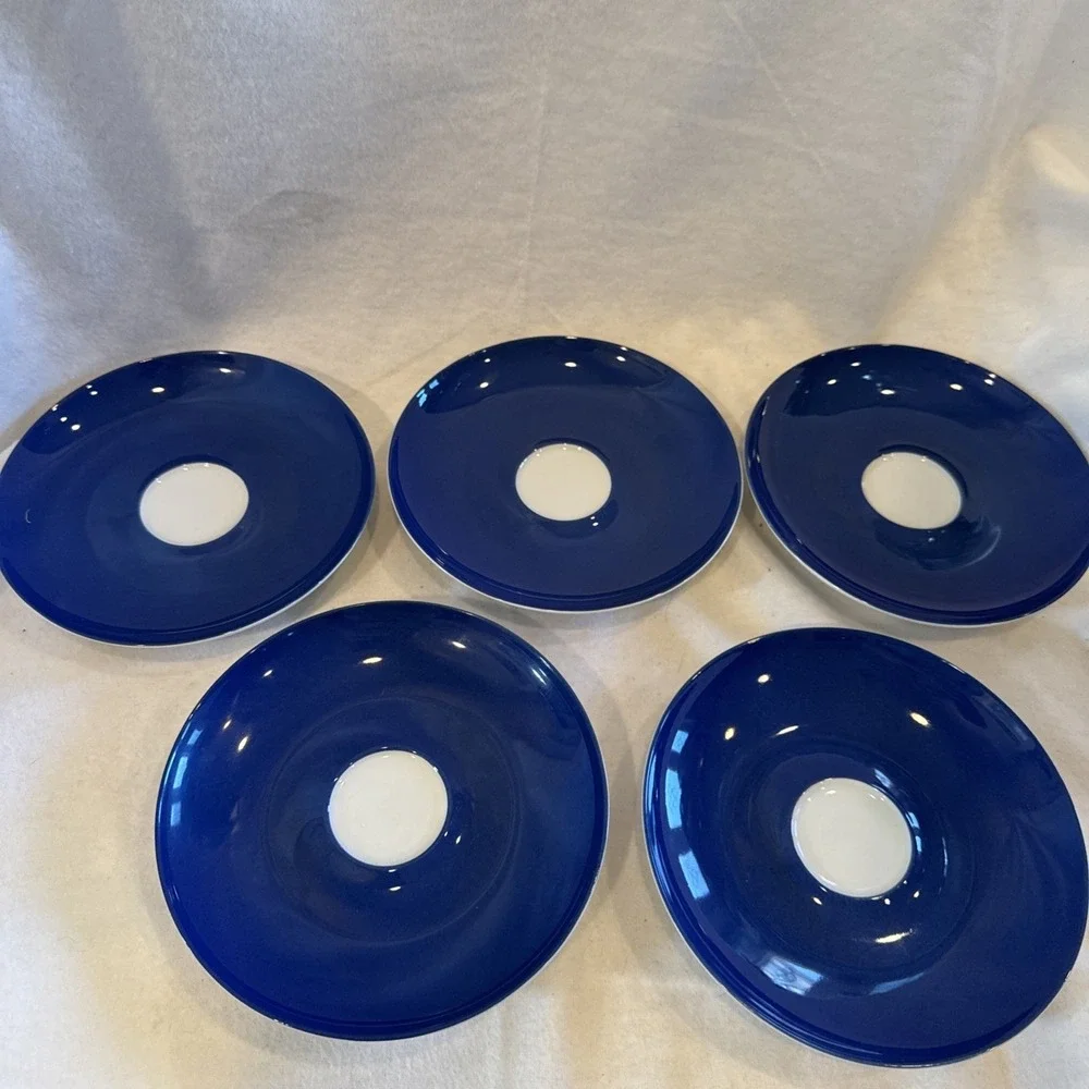 Set Of 5 Mikasa True Blue SL130 Coffee / Tea Cup & Saucer 10 Ou Cobalt Leaf